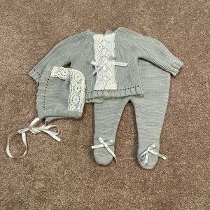 Gray Knitted Baby One Piece Set with Lace Detailing